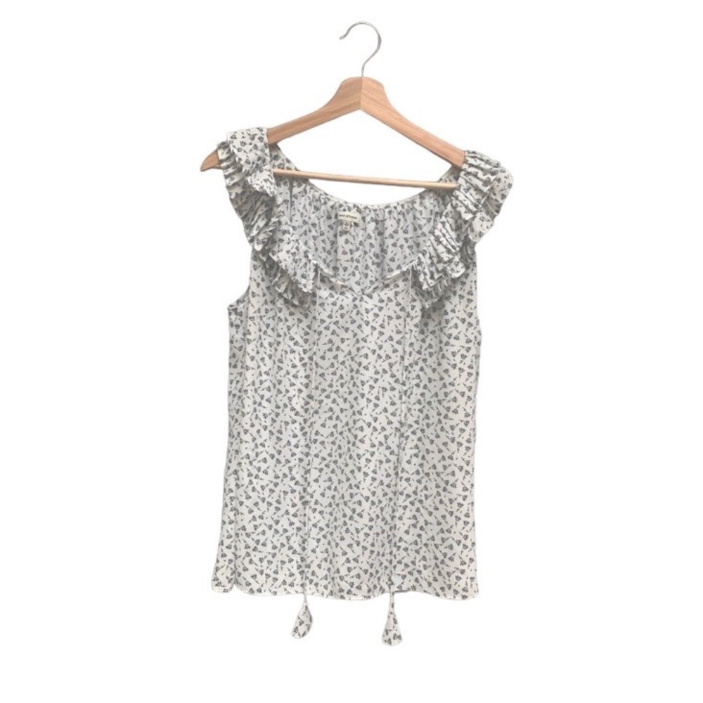 MAX STUDIO (L) White/Black Floral Sleeveless VNeck Top Tassel Tie Casual Dressy